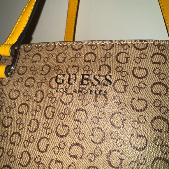 GUESS Brown Monogram Tote with Yellow Handles - Picture 2 of 5